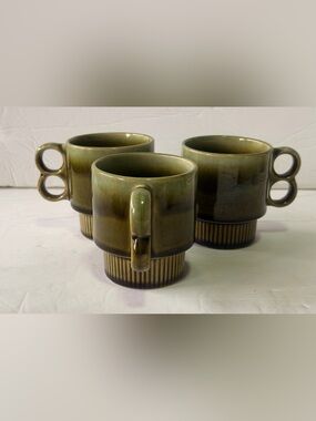 3-Japan Stacking Coffee Cup Mug Mid-Century Modern Avocado Green Vintage